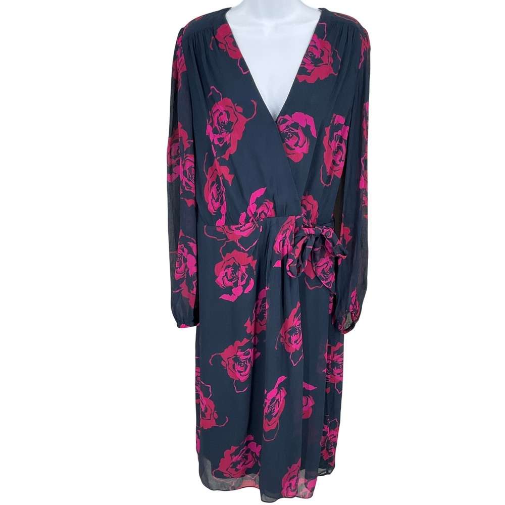 Brooks Brothers Dress Womens 10 Navy Pink Floral Rose Long Sleeve Midi Romantic‎